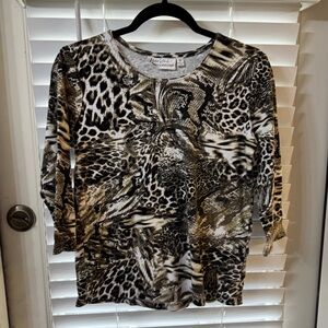 Rebecca Malone Long Sleeve Animal-Print Top in Beige, Brown & Black